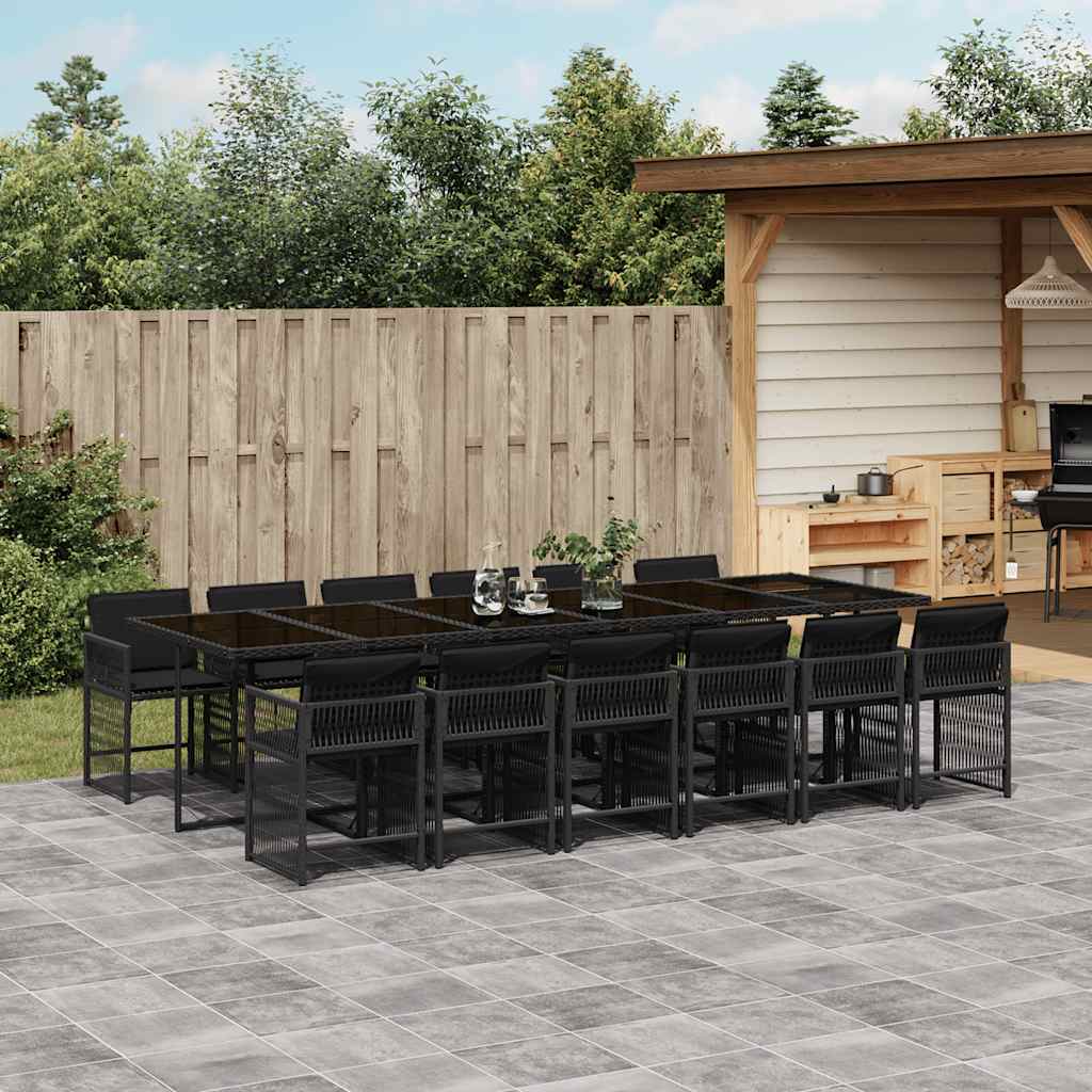 13 Piece Garden Dining Set with Cushions Black Poly Rattan