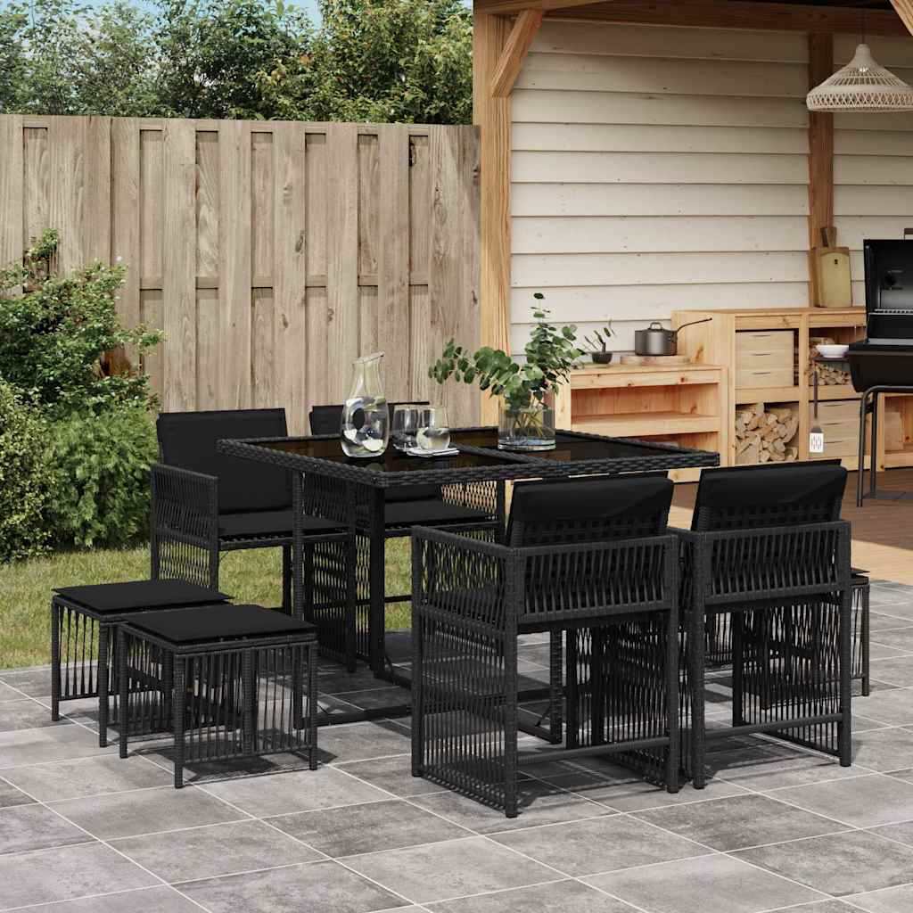 9 Piece Garden Dining Set with Cushions Black Poly Rattan