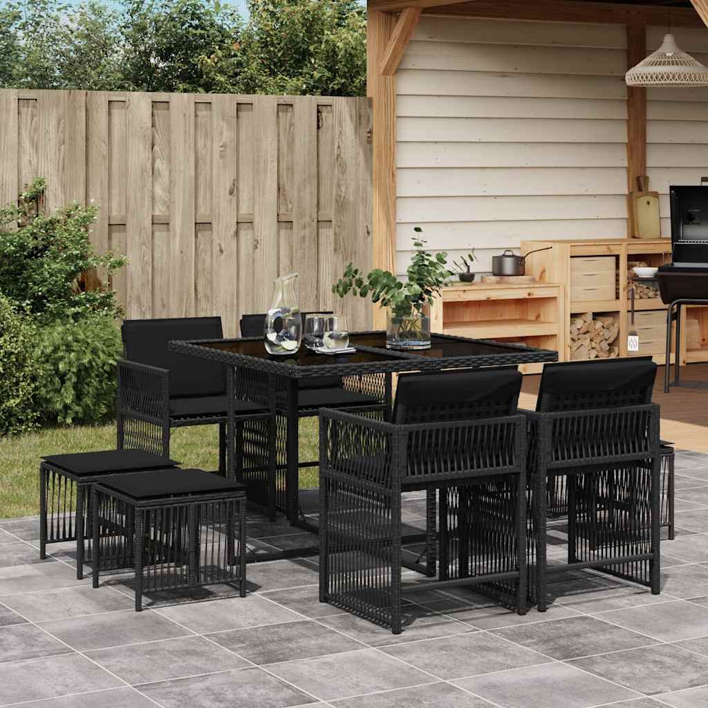 9 Piece Garden Dining Set with Cushions Black Poly Rattan