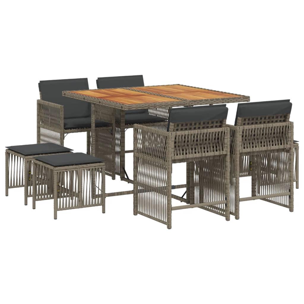 9 Piece Garden Dining Set with Cushions Grey Poly Rattan