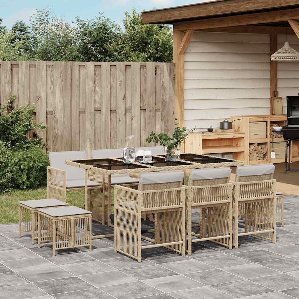 11 Piece Garden Dining Set with Cushions Beige Poly Rattan