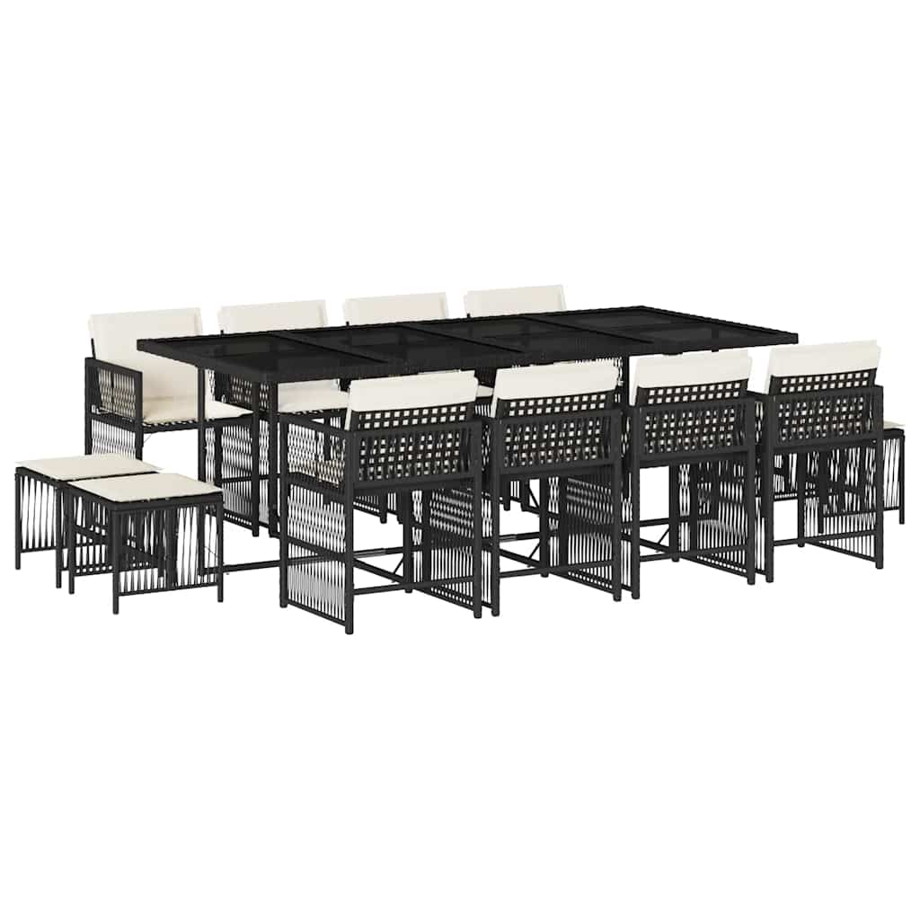 13 Piece Garden Dining Set with Cushions Black Poly Rattan