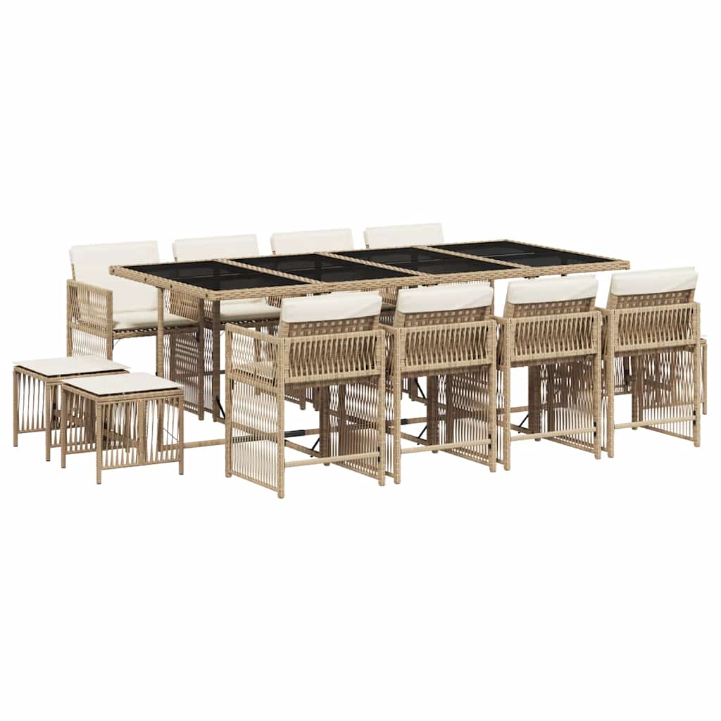13 Piece Garden Dining Set with Cushions Beige Poly Rattan