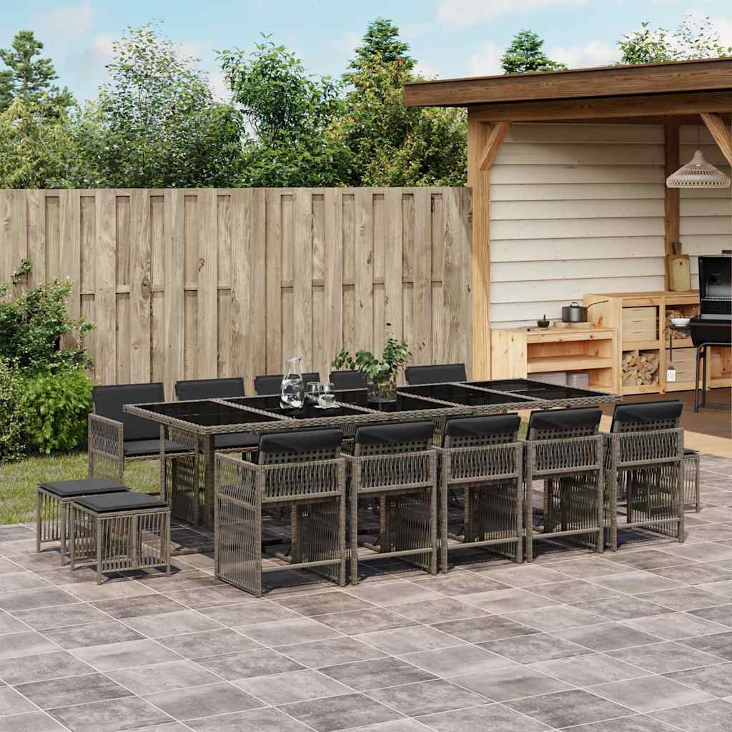 15 Piece Garden Dining Set with Cushions Grey Poly Rattan