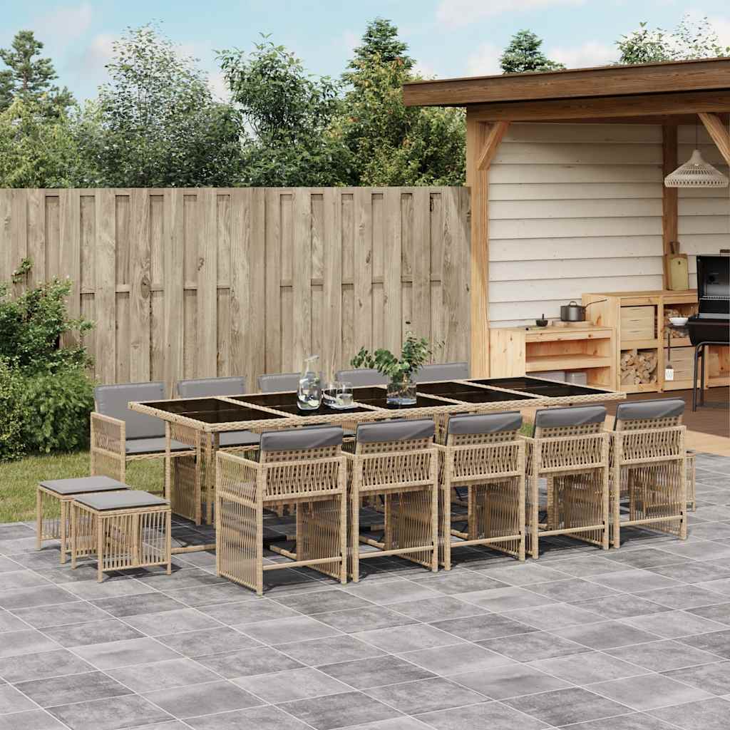15 Piece Garden Dining Set with Cushions Mix Beige Poly Rattan