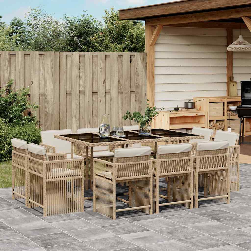 11 Piece Garden Dining Set with Cushions Beige Poly Rattan