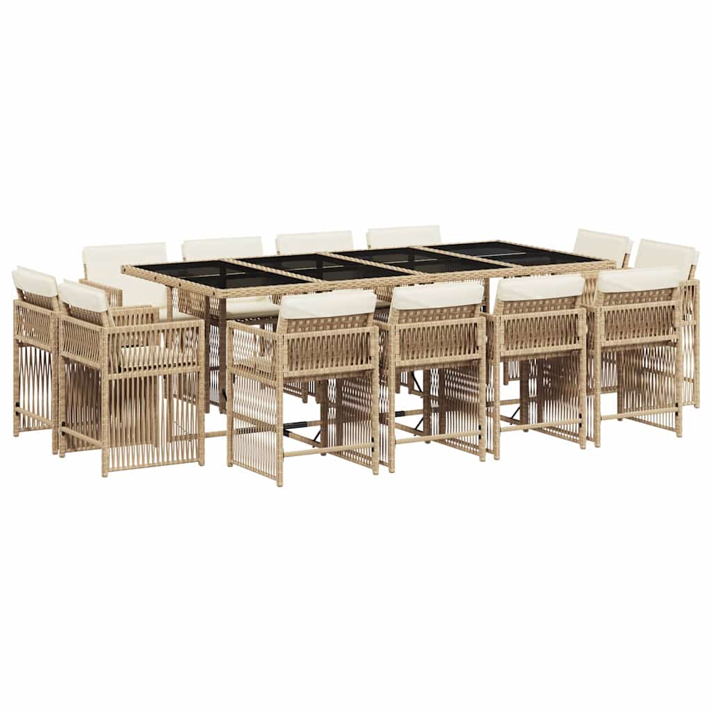 13 Piece Garden Dining Set with Cushions Beige Poly Rattan