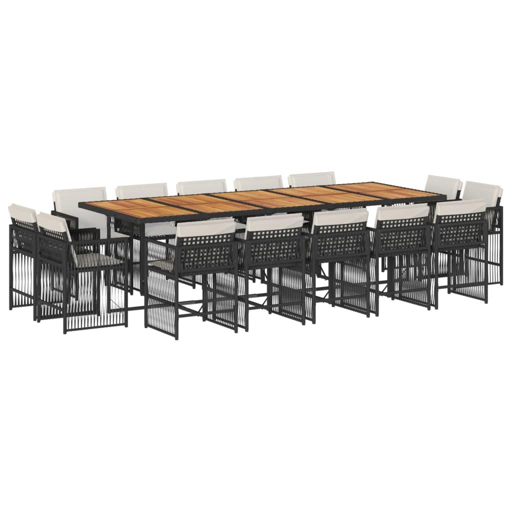 15 Piece Garden Dining Set with Cushions Black Poly Rattan