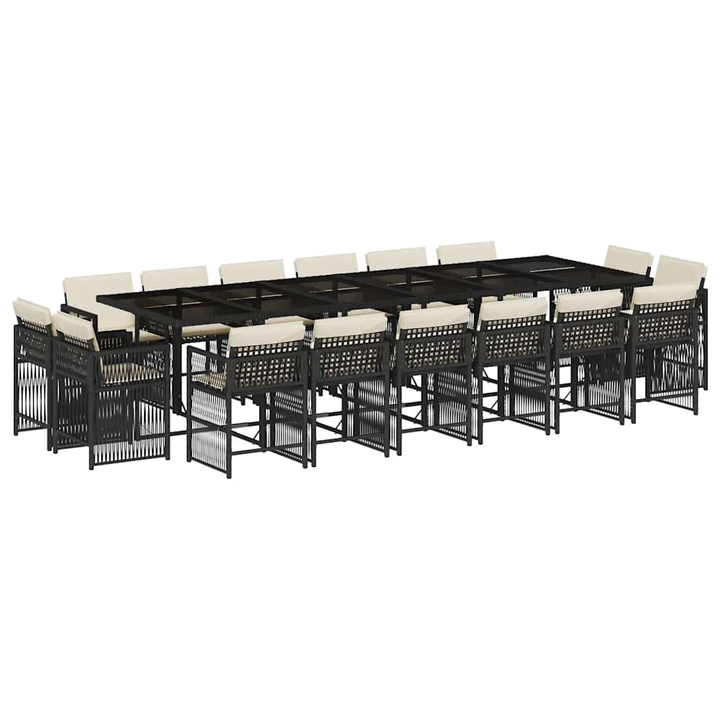 17 Piece Garden Dining Set with Cushions Black Poly Rattan