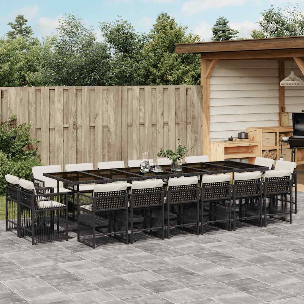 17 Piece Garden Dining Set with Cushions Black Poly Rattan