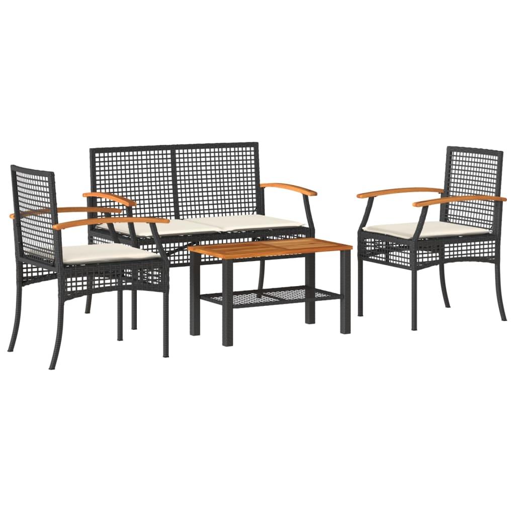 4 Piece Garden Lounge Set with Cushions Black Poly Rattan