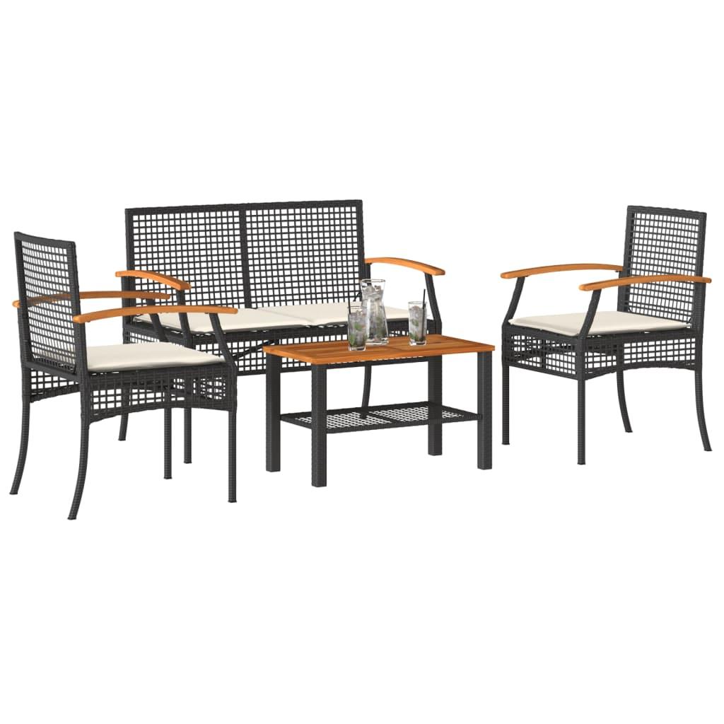 4 Piece Garden Lounge Set with Cushions Black Poly Rattan