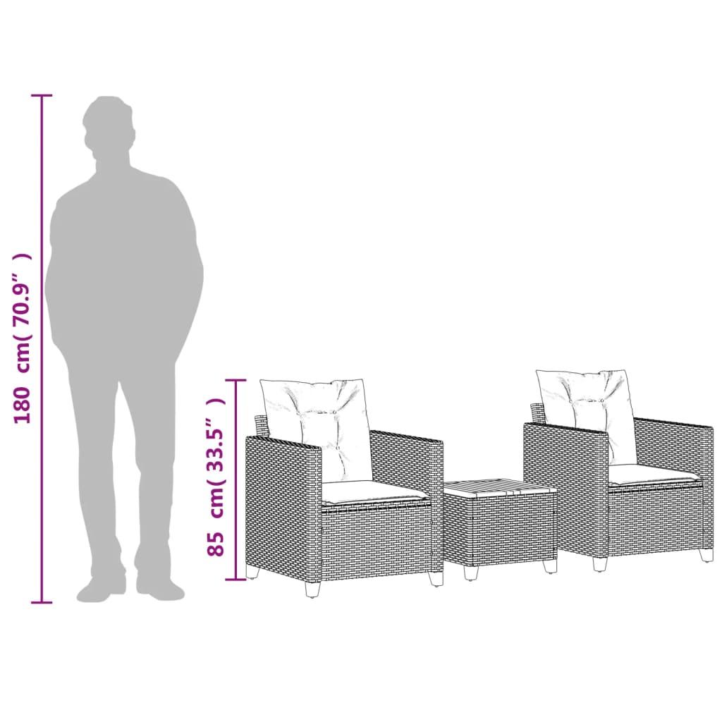 3 Piece Bistro Set with Cushions Black Poly Rattan Acacia Wood