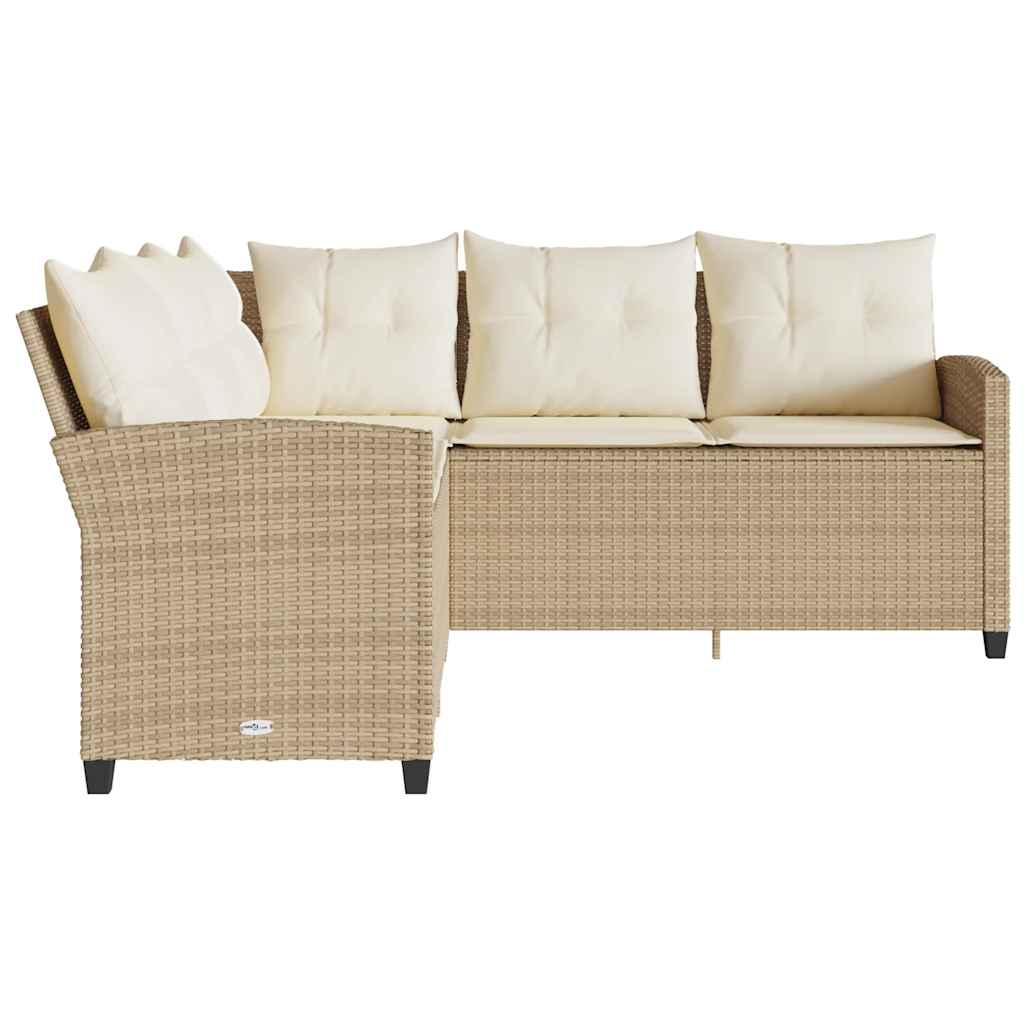 L-shaped Couch Sofa with Cushions Beige Poly Rattan
