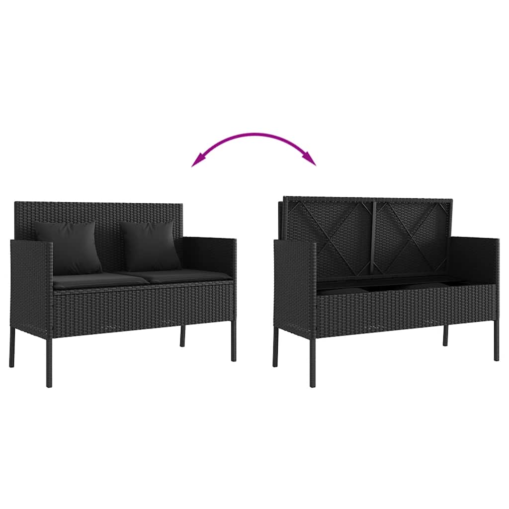 Garden Bench with Cushions Black Poly Rattan