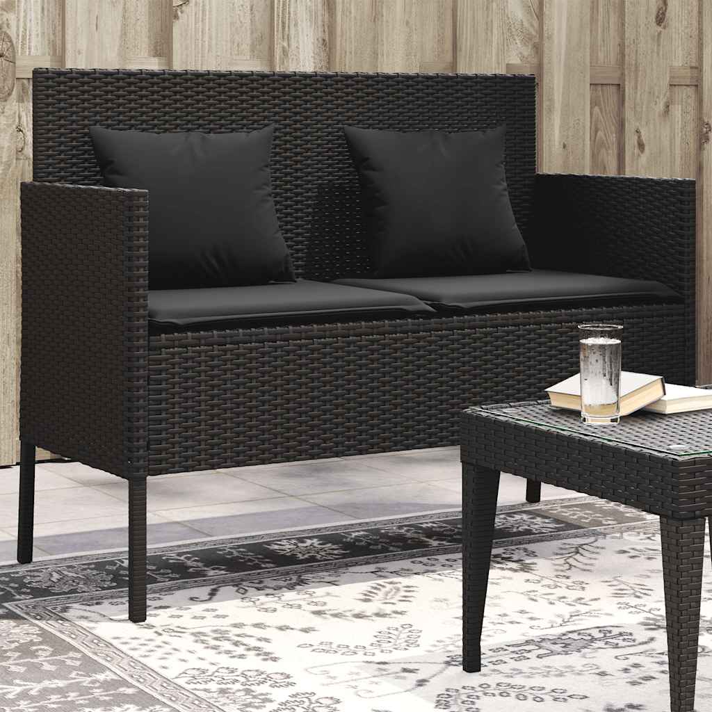 Garden Bench with Cushions Black Poly Rattan