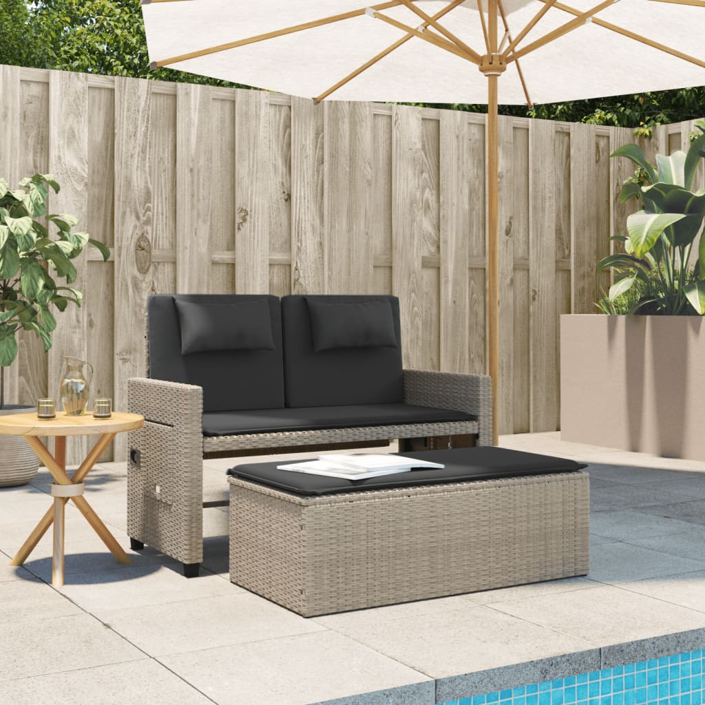 Reclining Garden Bench with Cushions Light Grey Poly Rattan