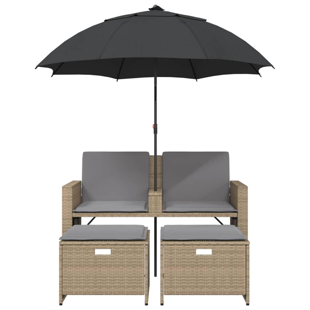 Garden Sofa 2-Seater with Parasol and Stools Beige Poly Rattan
