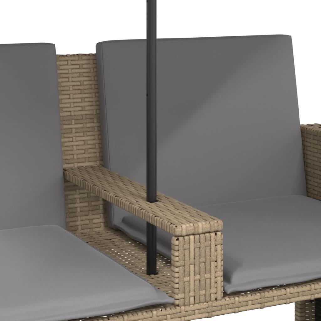 Garden Sofa 2-Seater with Parasol and Stools Beige Poly Rattan