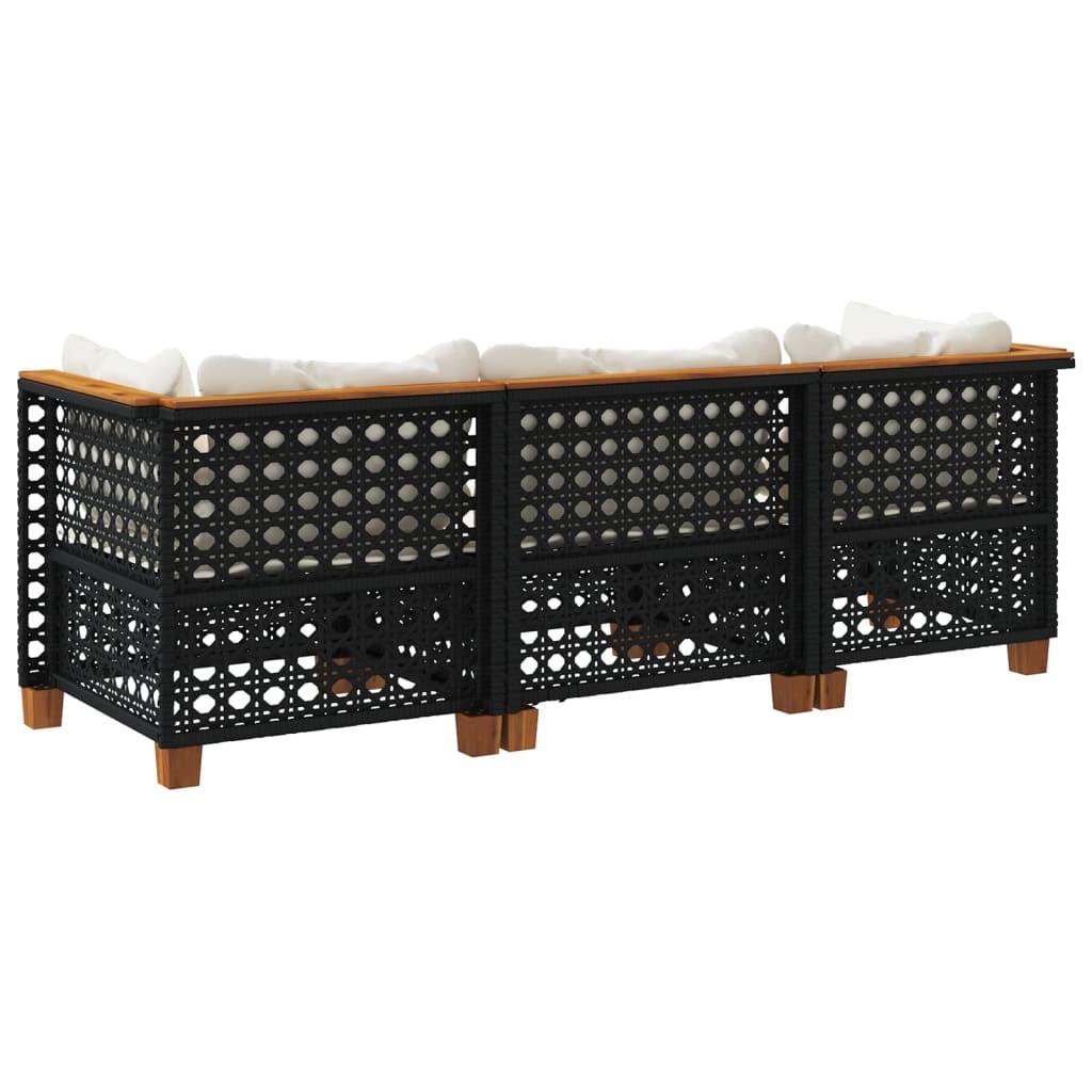 Garden Sofa with Cushions 3-Seater Black Poly Rattan