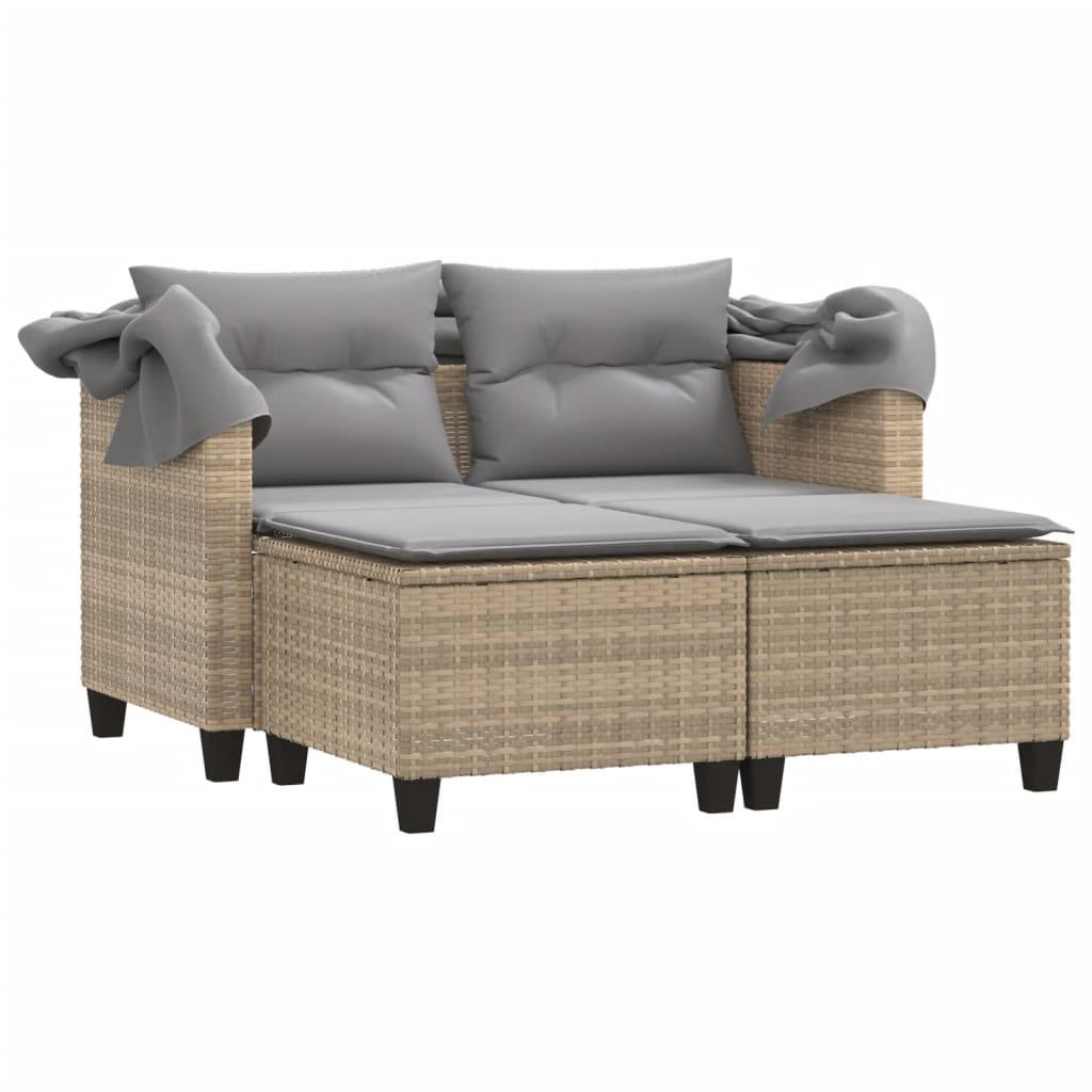 Garden Sofa 2-Seater with Canopy and Stools Beige Poly Rattan