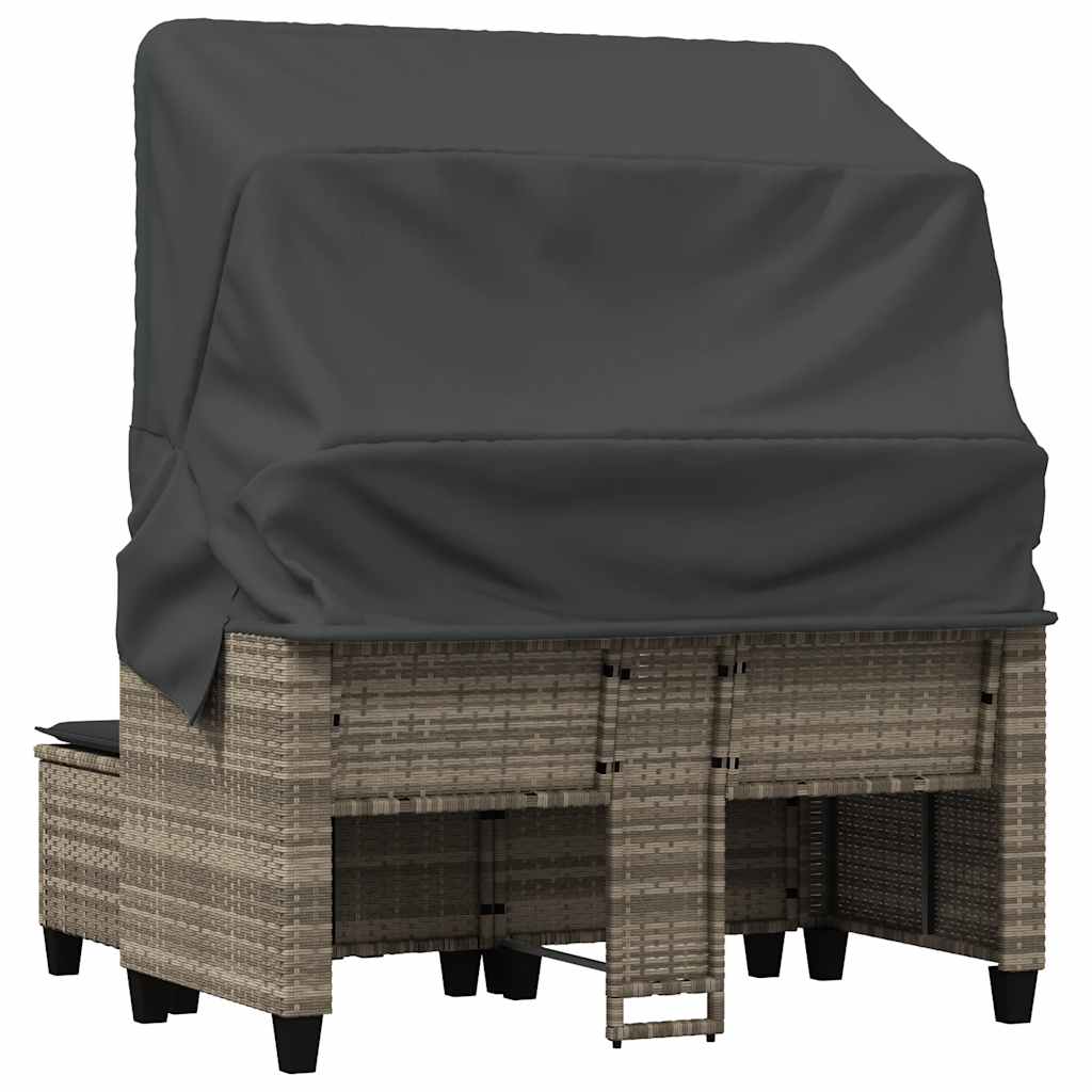 Garden Sofa 2-Seater with Canopy&Stools Light Grey Poly Rattan