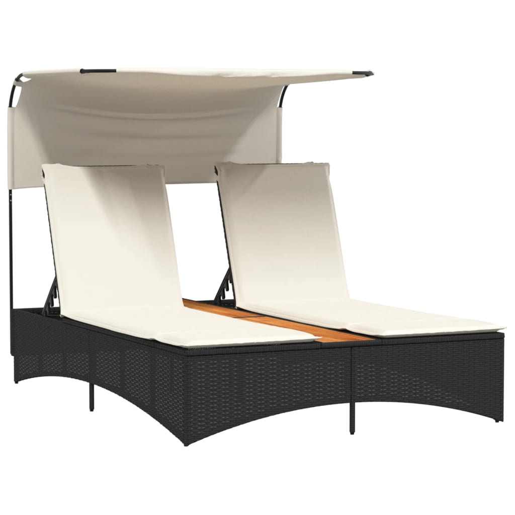 Double Sun Lounger with Canopy and Cushions Black Poly Rattan