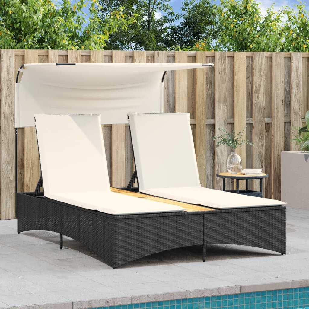Double Sun Lounger with Canopy and Cushions Black Poly Rattan