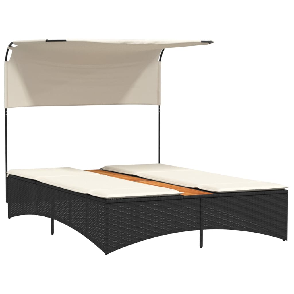 Double Sun Lounger with Canopy and Cushions Black Poly Rattan