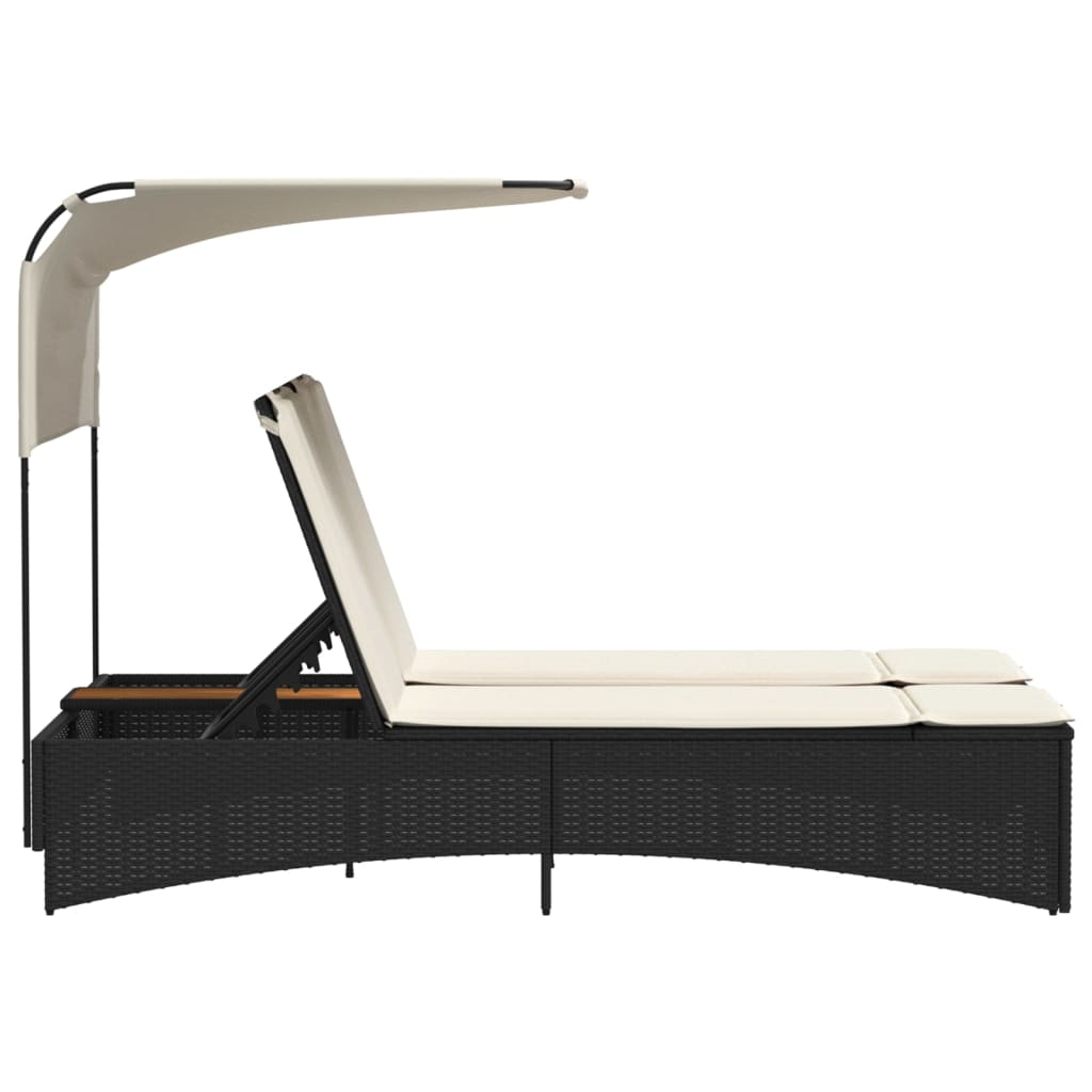 Double Sun Lounger with Canopy and Cushions Black Poly Rattan