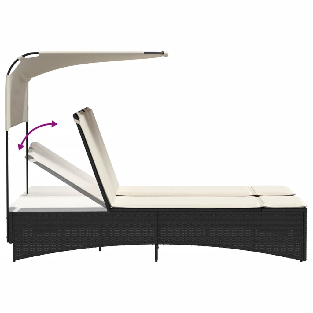 Double Sun Lounger with Canopy and Cushions Black Poly Rattan