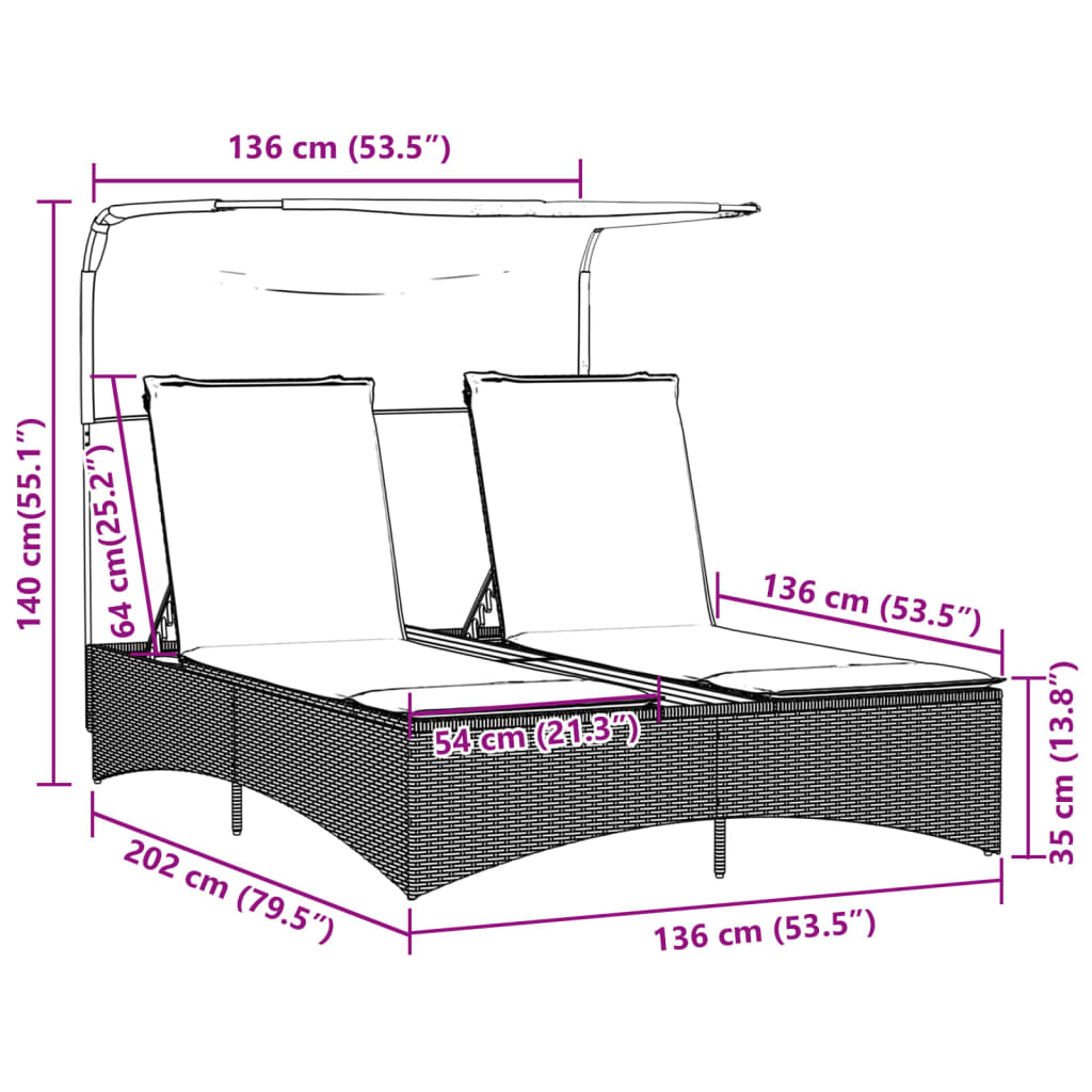 Double Sun Lounger with Canopy and Cushions Black Poly Rattan