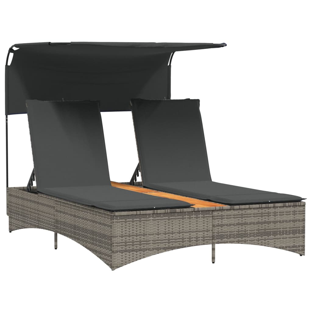 Double Sun Lounger with Canopy and Cushions Grey Poly Rattan
