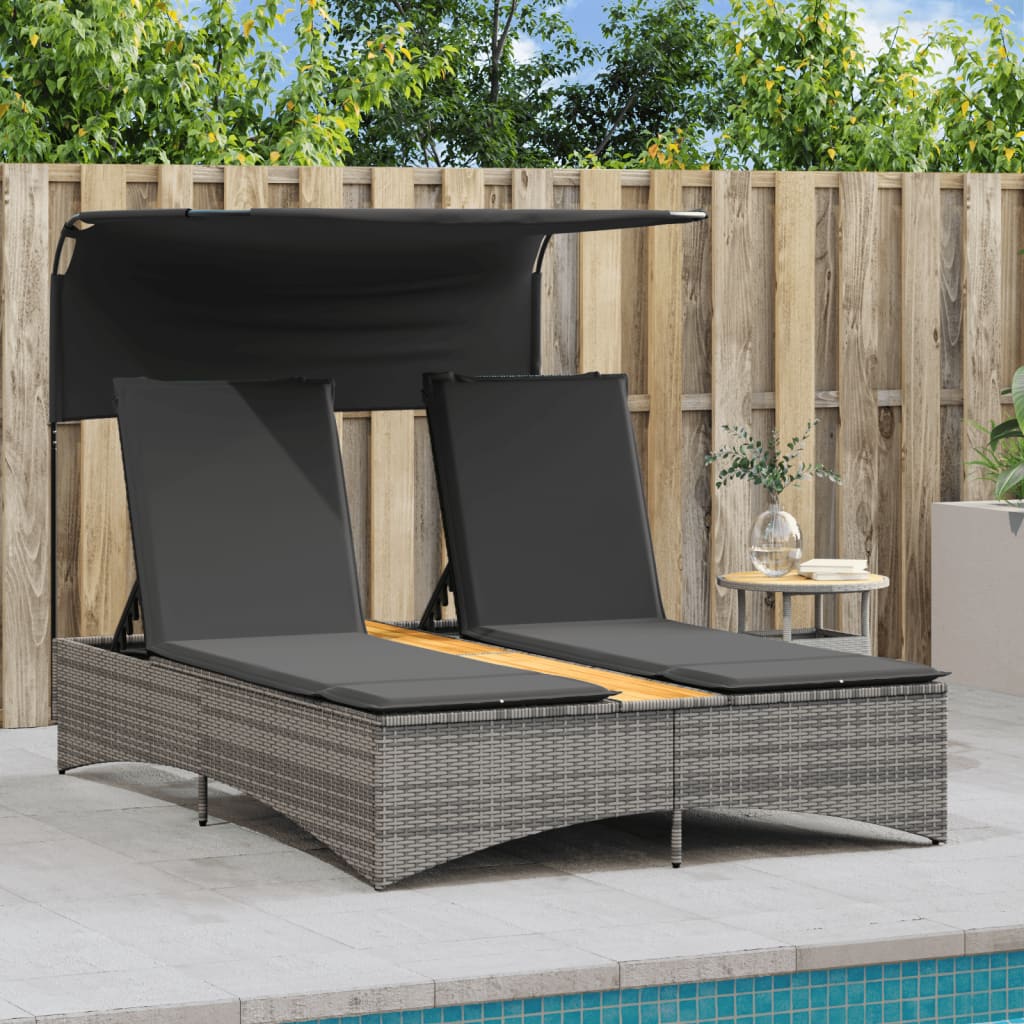Double Sun Lounger with Canopy and Cushions Grey Poly Rattan