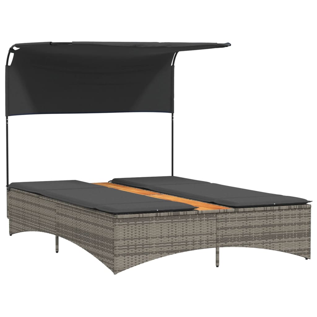 Double Sun Lounger with Canopy and Cushions Grey Poly Rattan