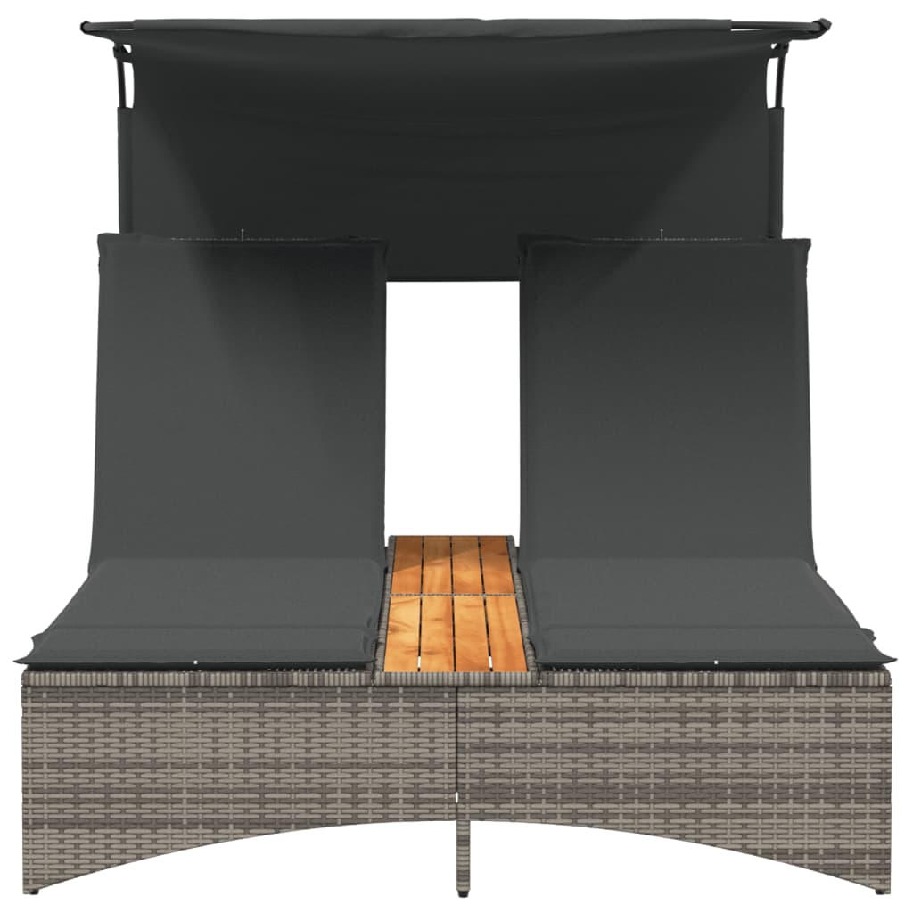 Double Sun Lounger with Canopy and Cushions Grey Poly Rattan