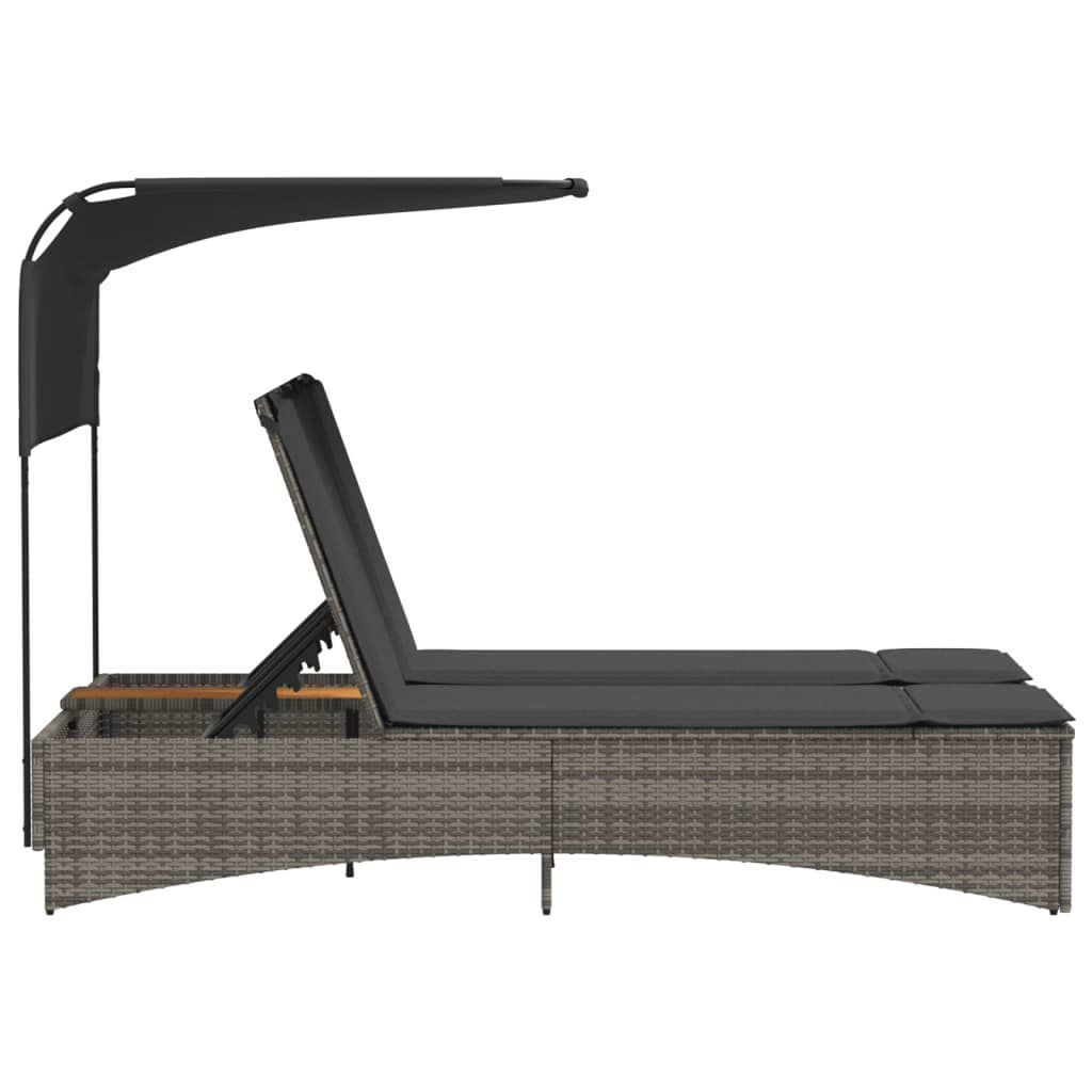 Double Sun Lounger with Canopy and Cushions Grey Poly Rattan