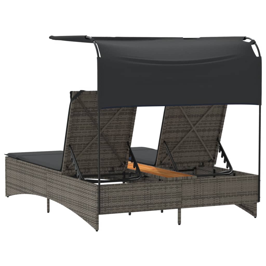 Double Sun Lounger with Canopy and Cushions Grey Poly Rattan
