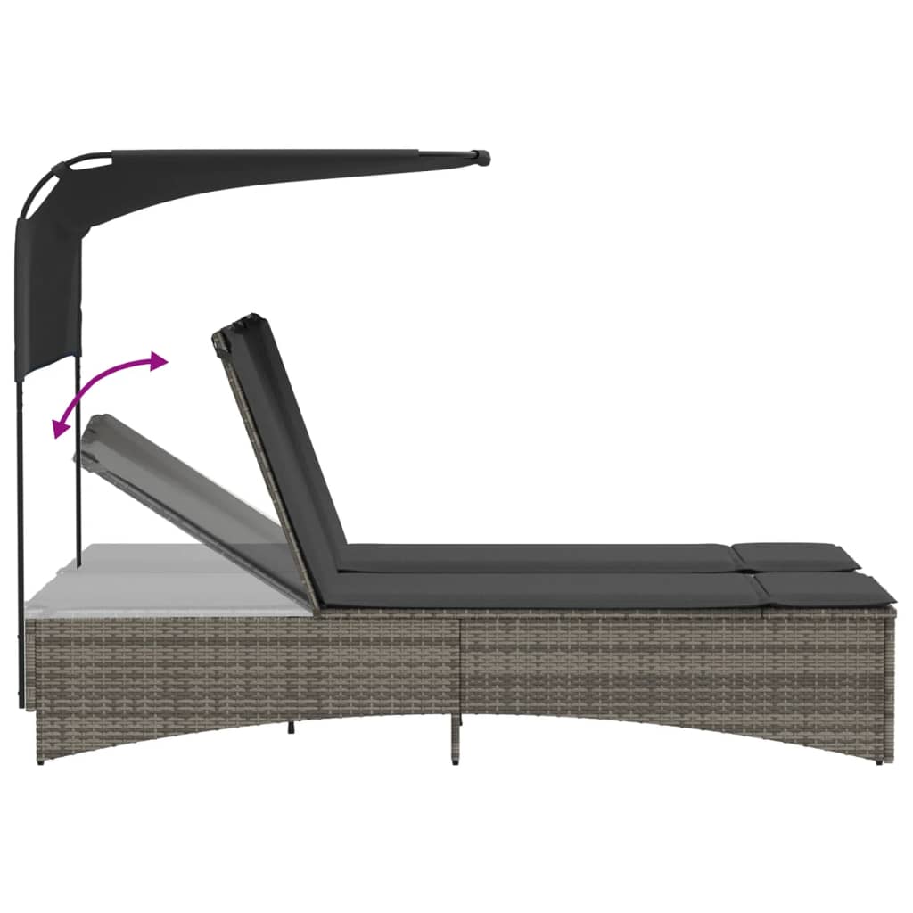 Double Sun Lounger with Canopy and Cushions Grey Poly Rattan