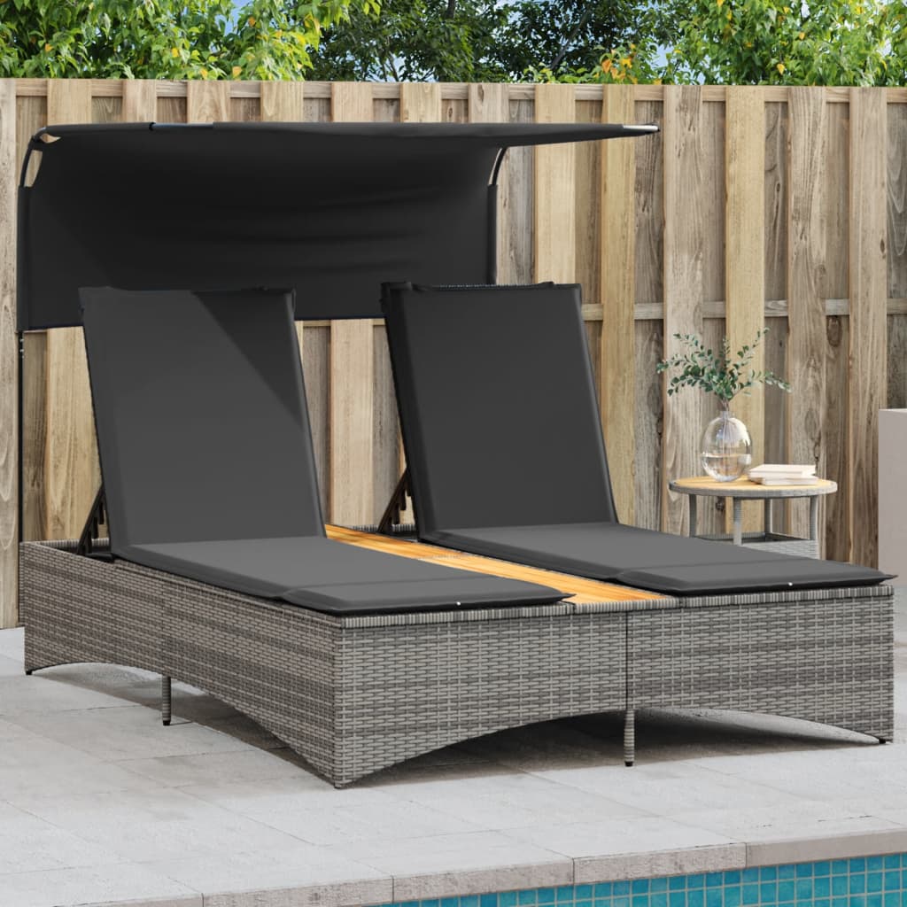 Double Sun Lounger with Canopy and Cushions Grey Poly Rattan