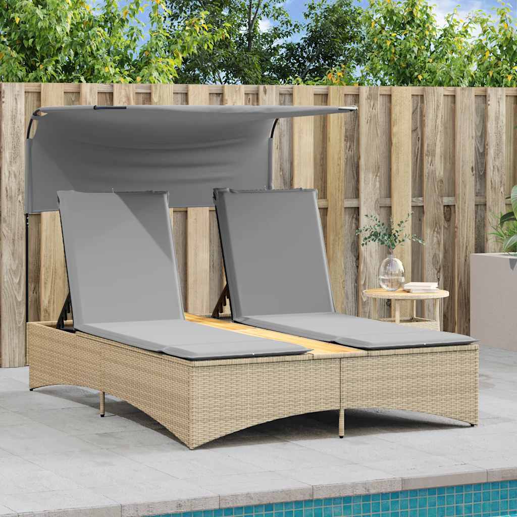 Double Sun Lounger with Canopy and Cushions Mix Beige Poly Rattan