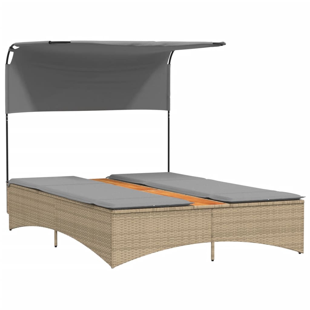 Double Sun Lounger with Canopy&Cushions Mix Beige Poly Rattan