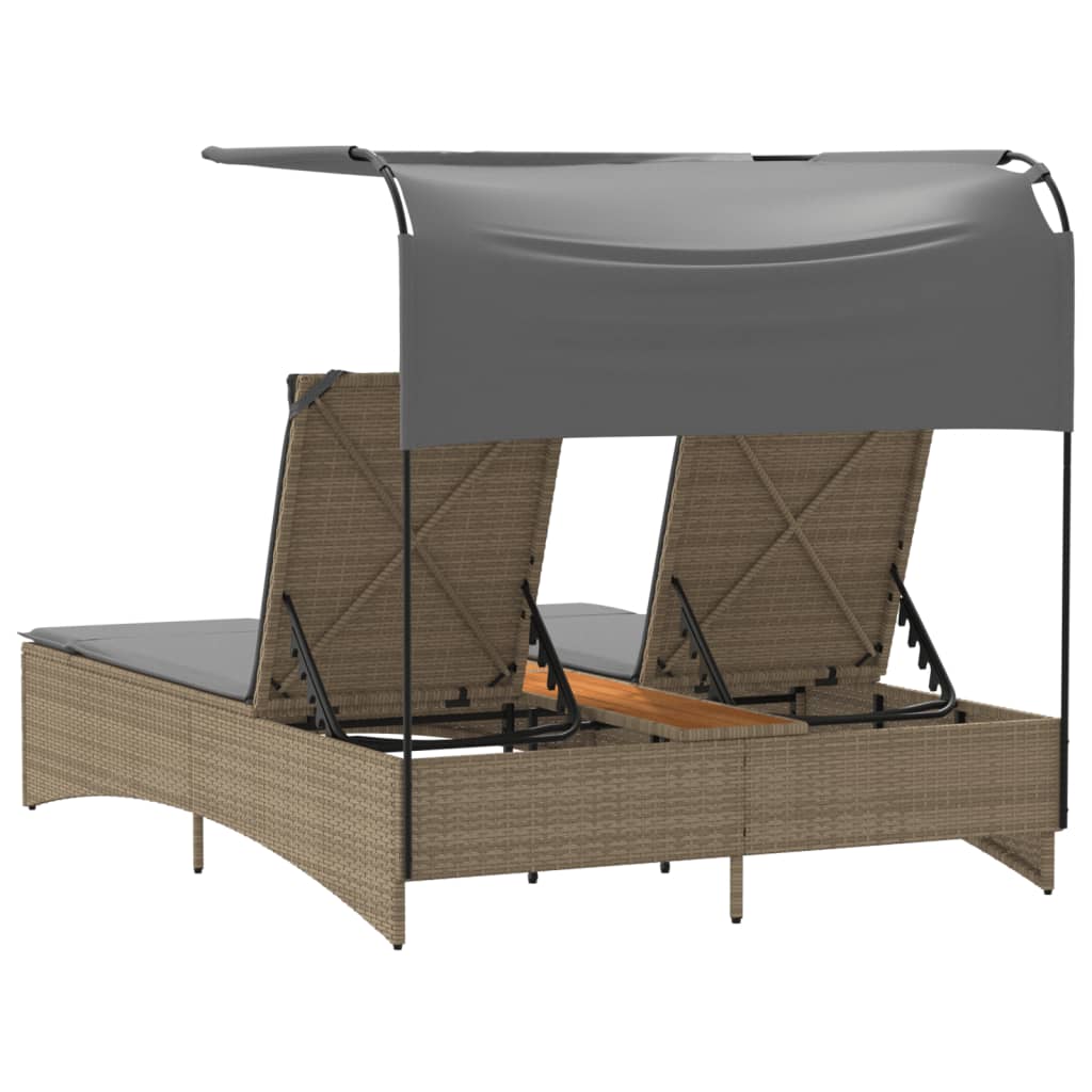 Double Sun Lounger with Canopy&Cushions Mix Beige Poly Rattan