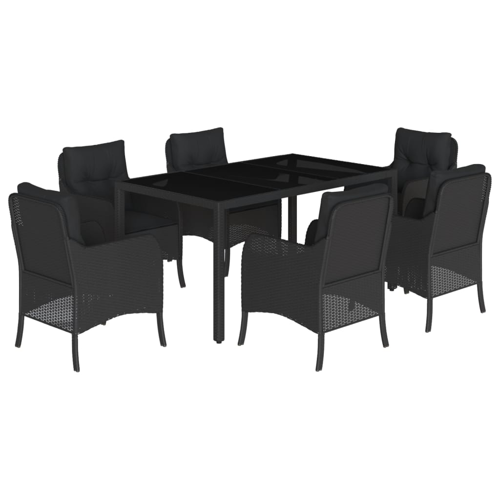 7 Piece Garden Dining Set with Cushions Black Poly Rattan