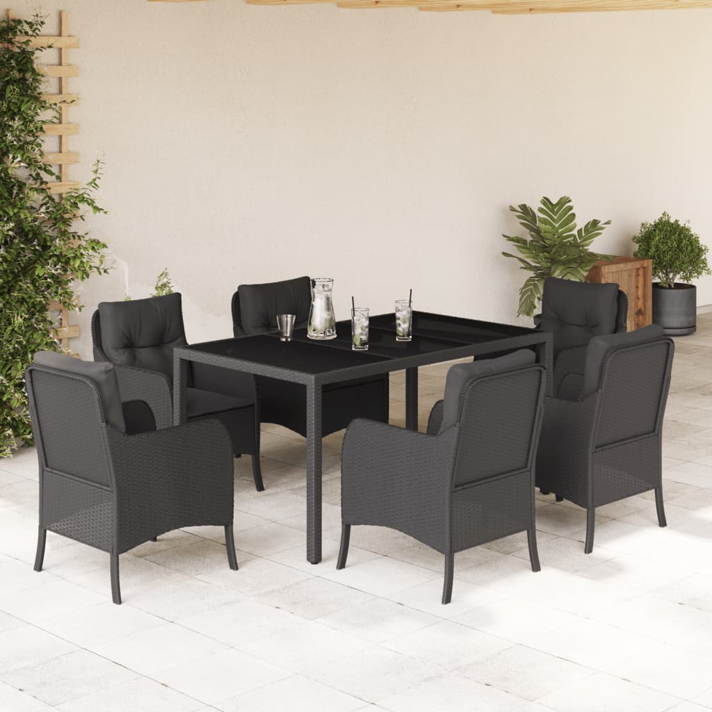 7 Piece Garden Dining Set with Cushions Black Poly Rattan