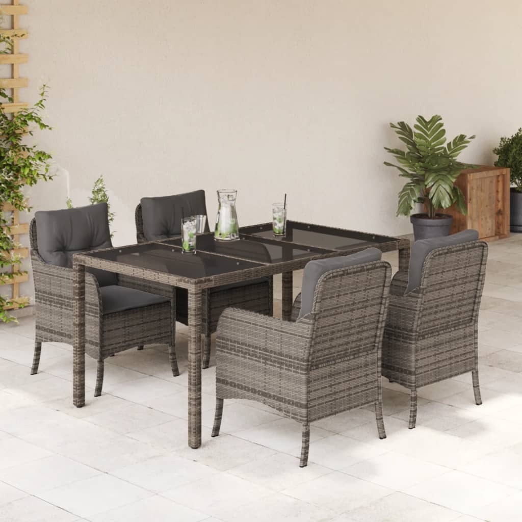 5 Piece Garden Dining Set with Cushions Grey Poly Rattan
