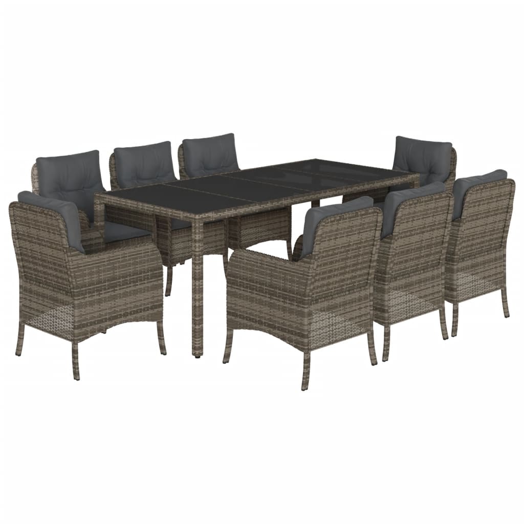 9 Piece Garden Dining Set with Cushions Grey Poly Rattan