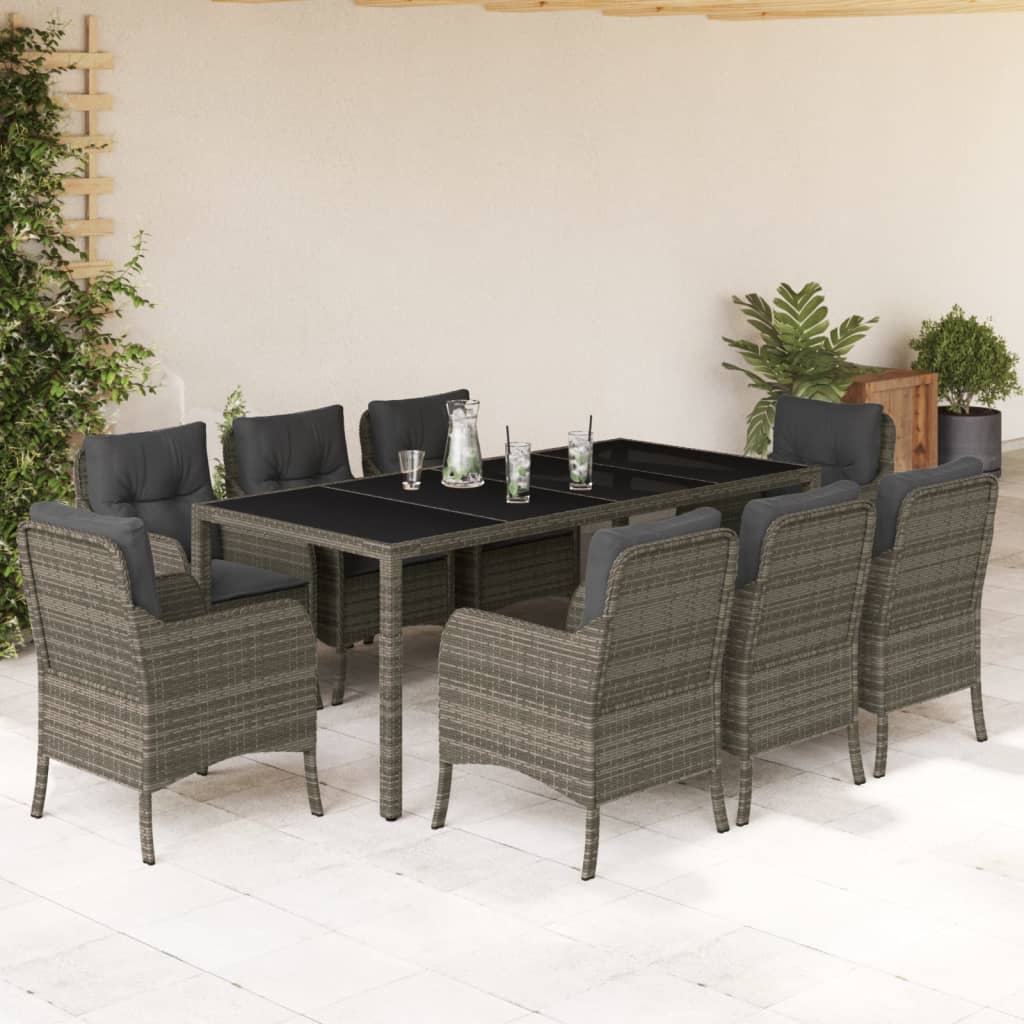 9 Piece Garden Dining Set with Cushions Grey Poly Rattan