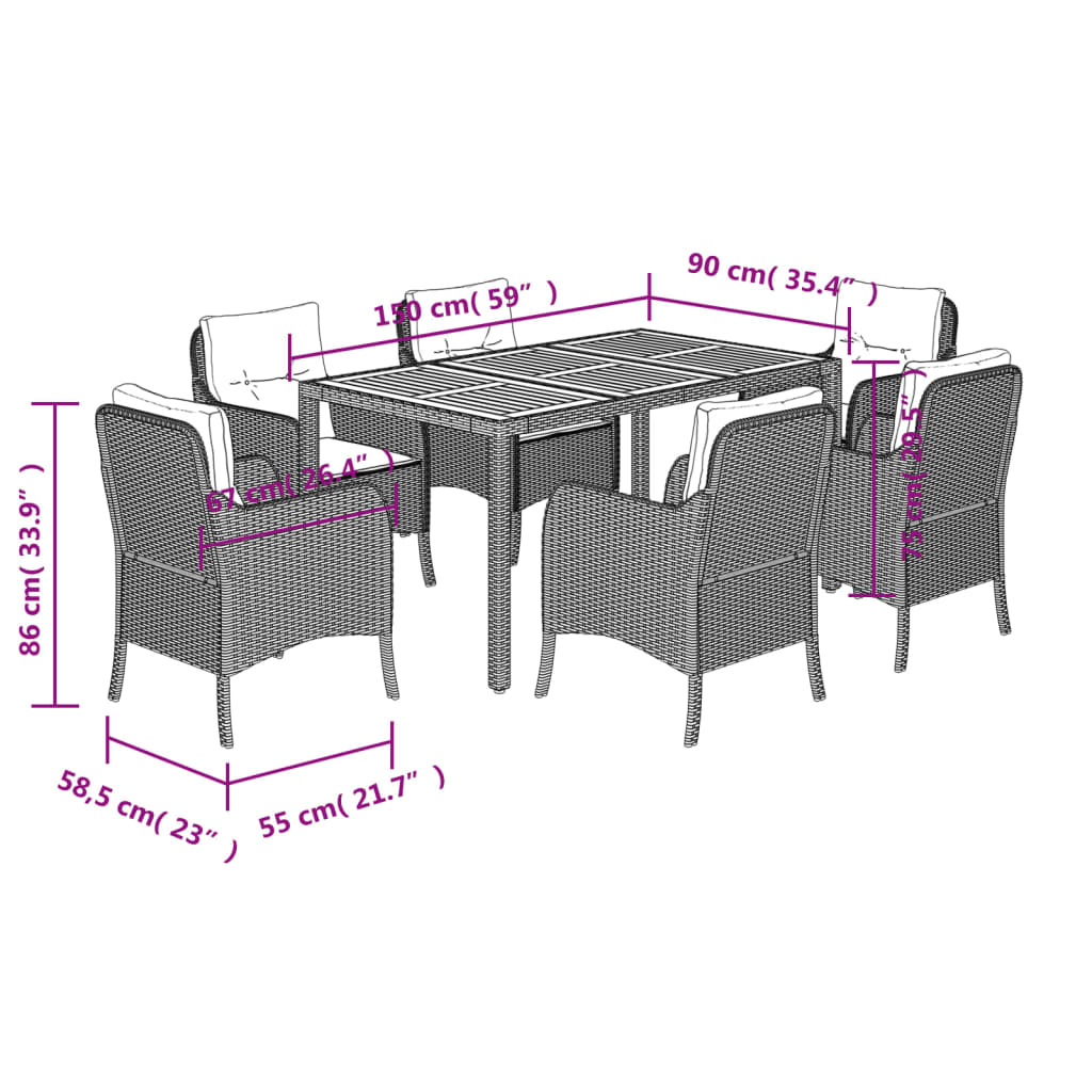 7 Piece Garden Dining Set with Cushions Grey Poly Rattan