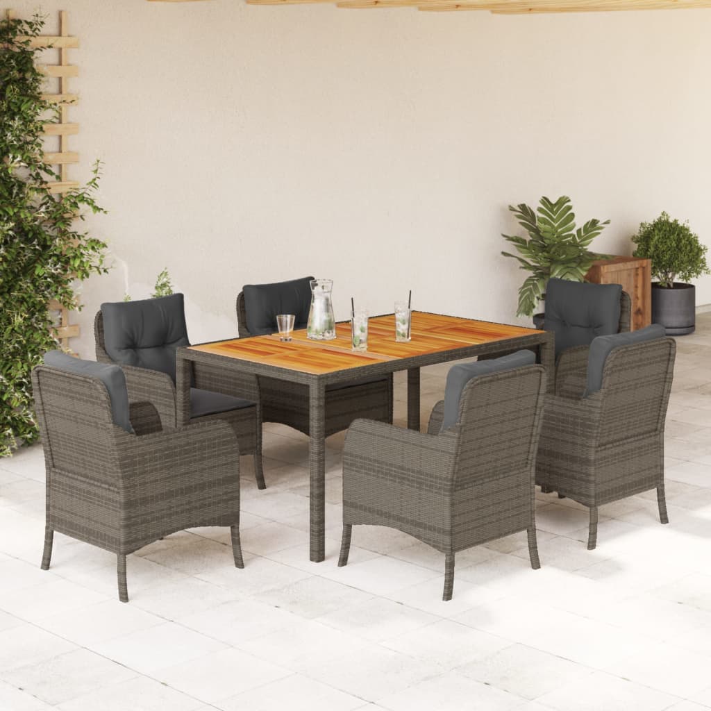 7 Piece Garden Dining Set with Cushions Grey Poly Rattan